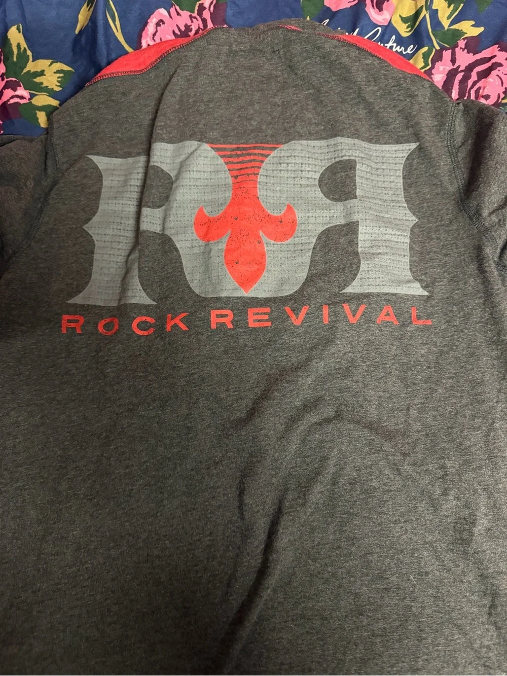 Rock Revival Gray Hoodie with Orange Logo and Red Trim